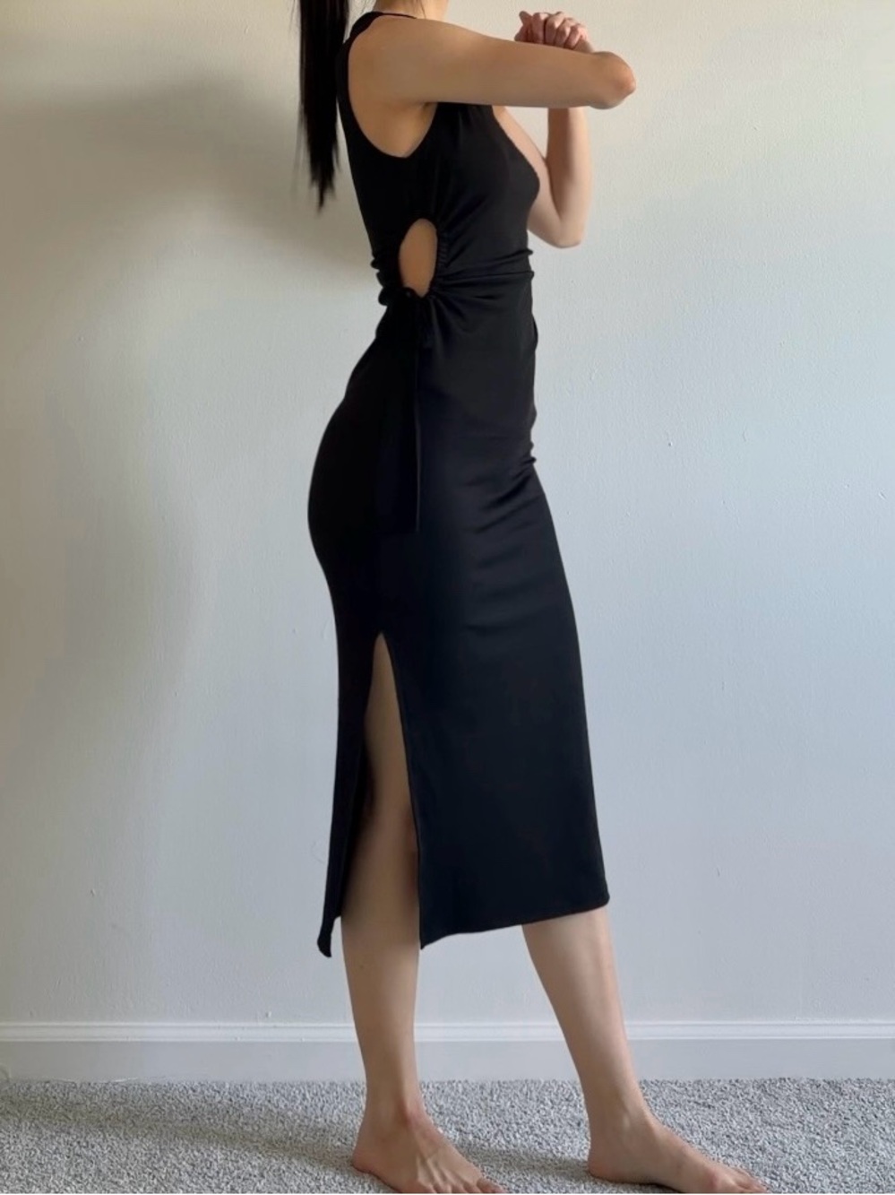 Sleek Black Side-Cut Midi Dress